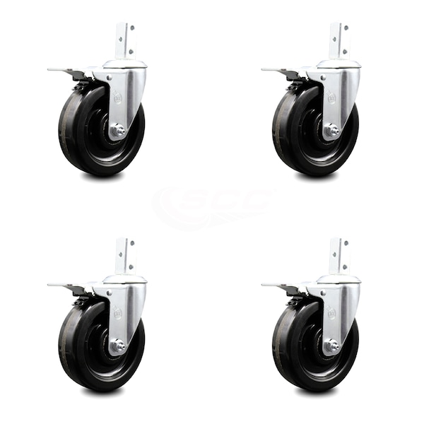 5 Inch Phenolic Wheel Swivel 3/4 Inch Square Stem Caster Set Total Lock Brake